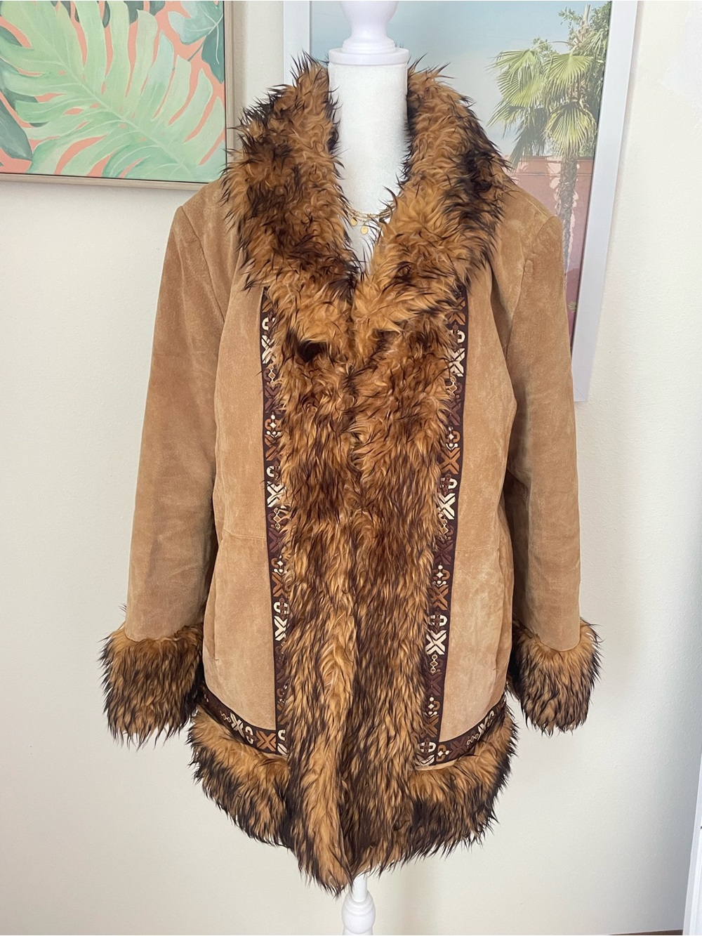 Gallery Vintage Y2K 100% Leather Fur Trim Embroidered Penny Lane Coat Jacket
